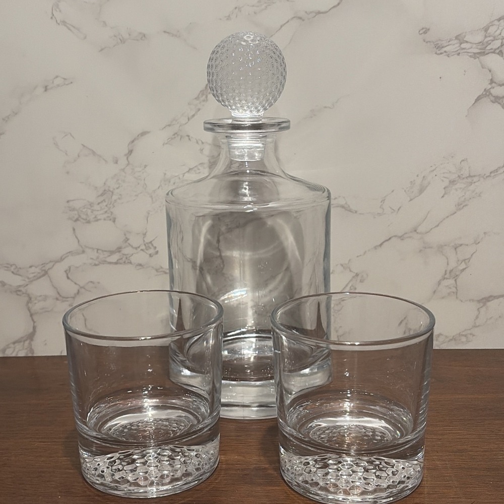Crystal Golf Whiskey Bourbon Decanter 3 Piece Set-2 Glasses 1 Decanter Gift